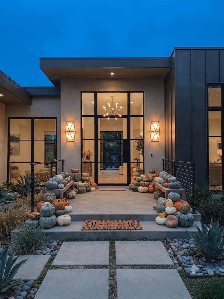 Modern home entrance with black steel-framed glass doors and pumpkin displays on either side of the steps