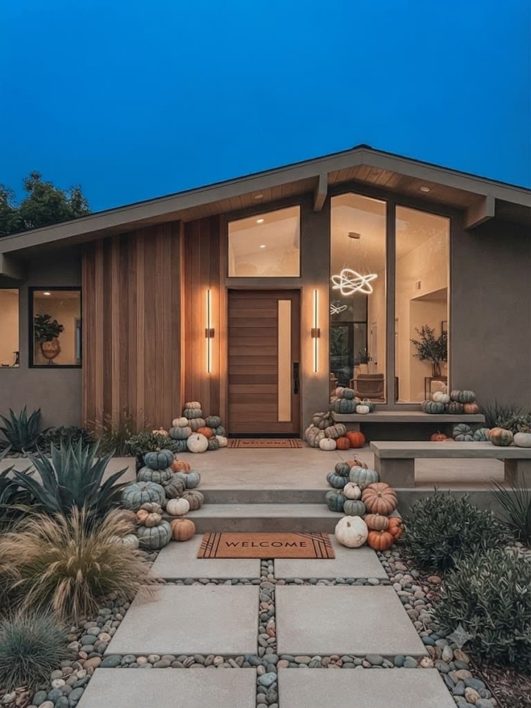 Mid-century modern home with wood paneling and pumpkin displays lining the entry steps