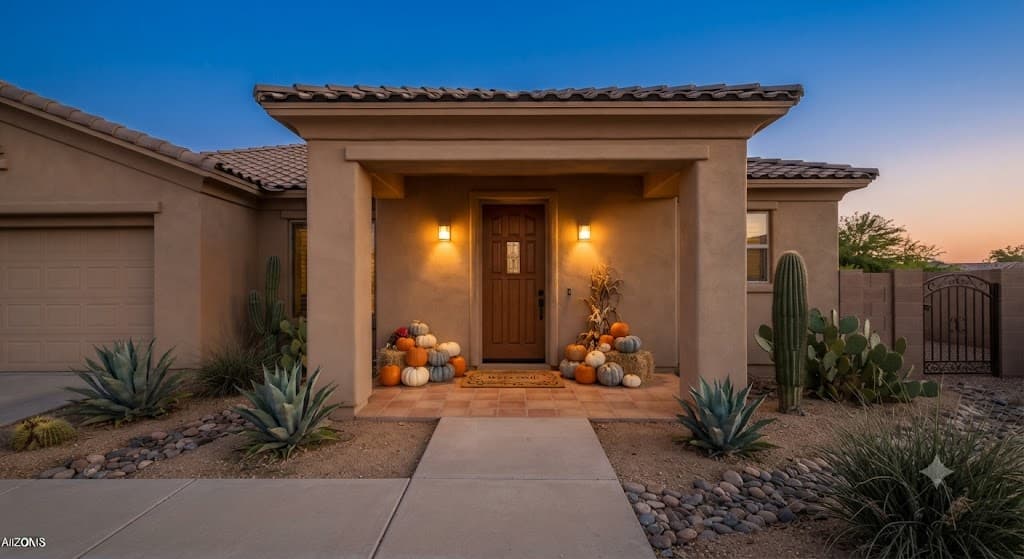 Desert-style home entrance at dusk with hay bales and pumpkins framing the front door