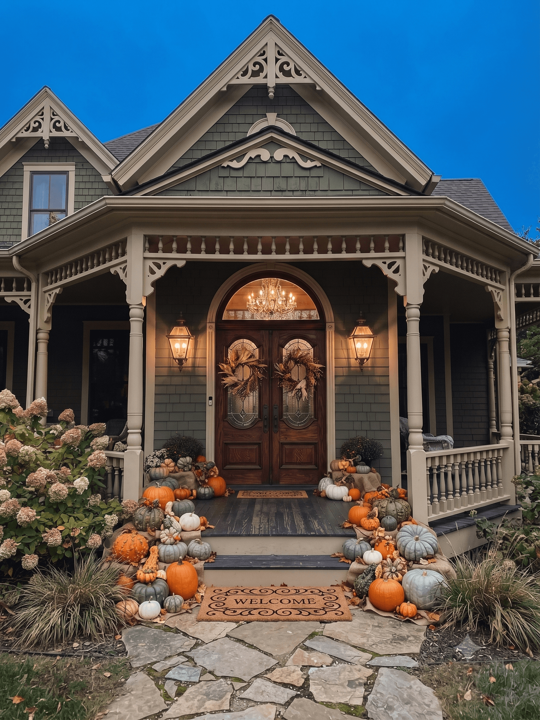 Victorian-style home with a wraparound porch decorated with pumpkins and gourds