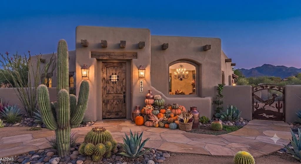 A beautifully decorated adobe-style home entrance with layered pumpkin displays